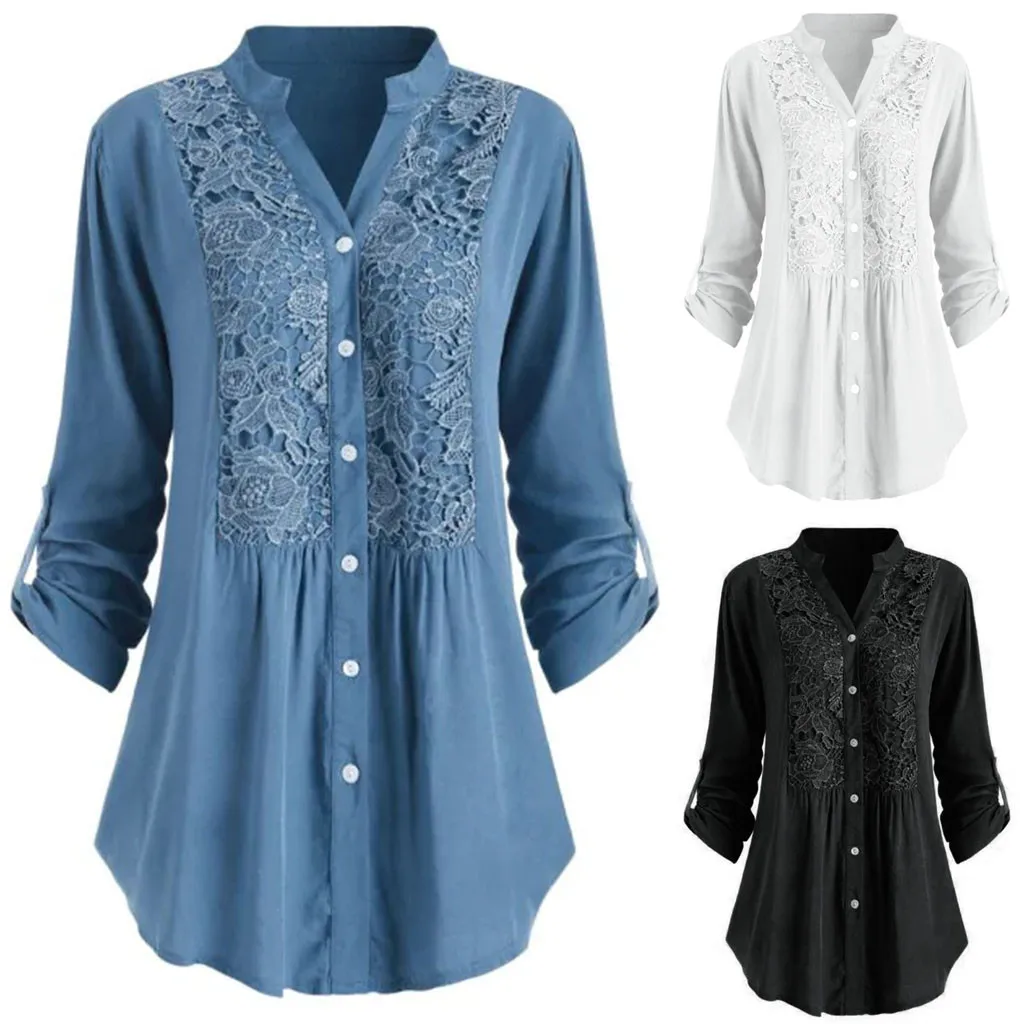 Blusa de encaje con manga larga para invierno, Camisa larga con botones para mujer, cuello de pico, talla grande 5XL, 2021