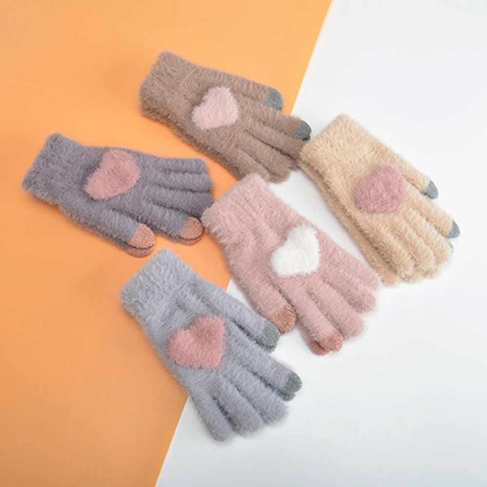 Вязаные перчатки для сенсорного экрана с розовым сердцем теплые варежки Зимние