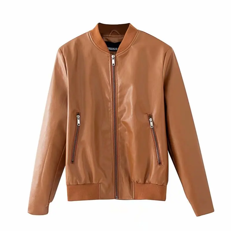 Брендовая Новая женская куртка из искусственной кожи, модная, яркая, коричневая, мотоциклетная куртка, короткая, искусственная кожа, байкерская куртка, мягкая женская куртка