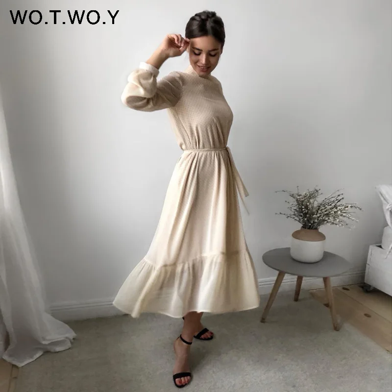 

WOTWOY 2020 Spliced Polka Dot Dresses Women Summer Sweet Sashes A-Line Dress Woman O-neck Mid-Calf Long Dress Lady Kawaii Korean