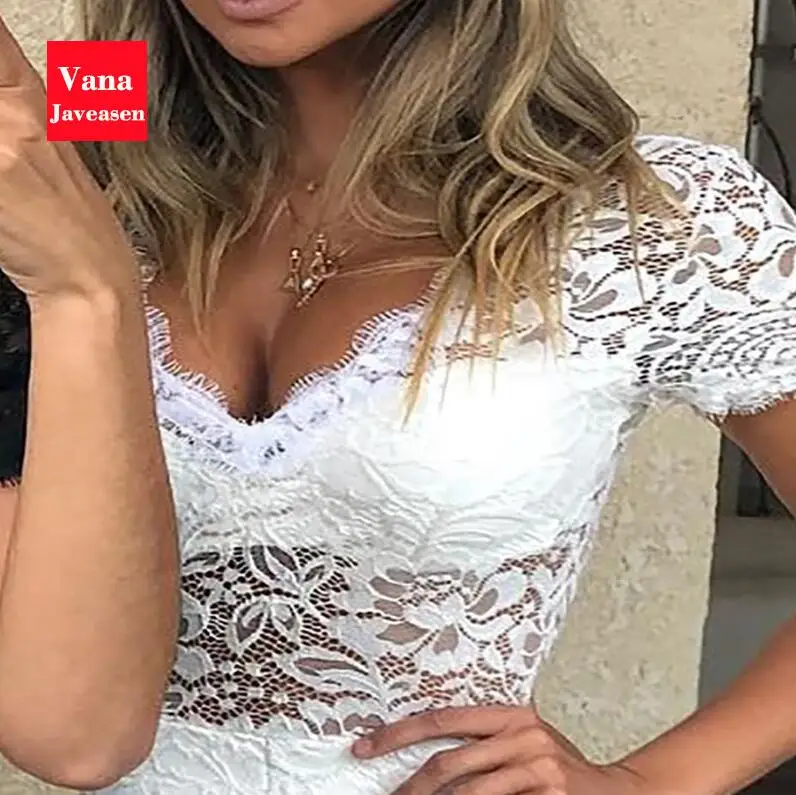 Vana Javeasen сексуальный кружевной черный комбинезон полый тонкий комбинезон-сарафан для женщин праздничные Мини Вечерние белые Женское боди - Цвет: Белый
