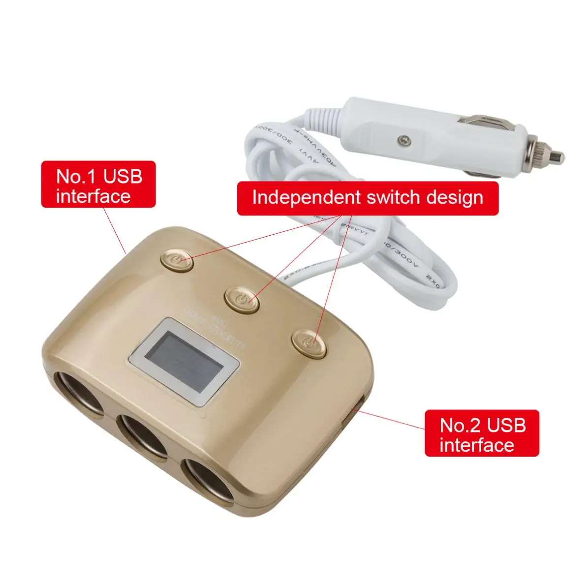 3 Way 2 USB Золотой преобразователь питания автомобильный адаптер прикуриватель разветвитель