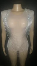 

Silver Shiny Chains Transparent Backless Luxurious Evening Nude Dress Birthday Mesh Dance Performance Evening Sexy Costume