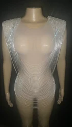 Silver Shiny Chains Transparent Backless Luxurious Evening Nude Dress Birthday Mesh Dance Performance Evening Sexy Costume