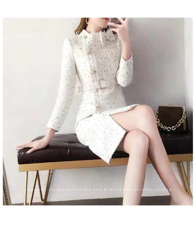 Брендовая шерстяная Женская изящная упаковка, платье на бедрах Vestidos, однобортное твидовое платье с жемчугом, с бантом и круглым вырезом, комбинезон для новорожденных с длинными рукавами, платье