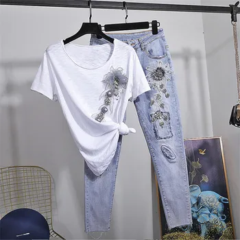

2020 Summer Set Women Beading Embroidery Flowers T shirt Elastic Denim Pants Two Piece Set Female Loose Cotton T-shirt Jeans 2pc