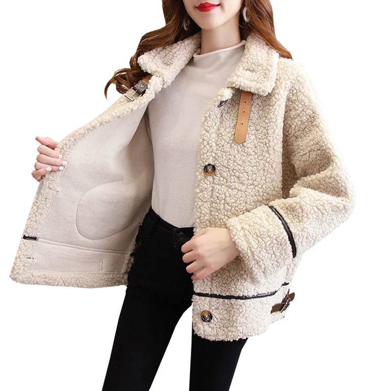 

Lamb Plush Fur Jacket Women 2023 New Autumn Winter Jackets Female Short Outerwear Loose Granular Velvet Parka Lady Overcoat