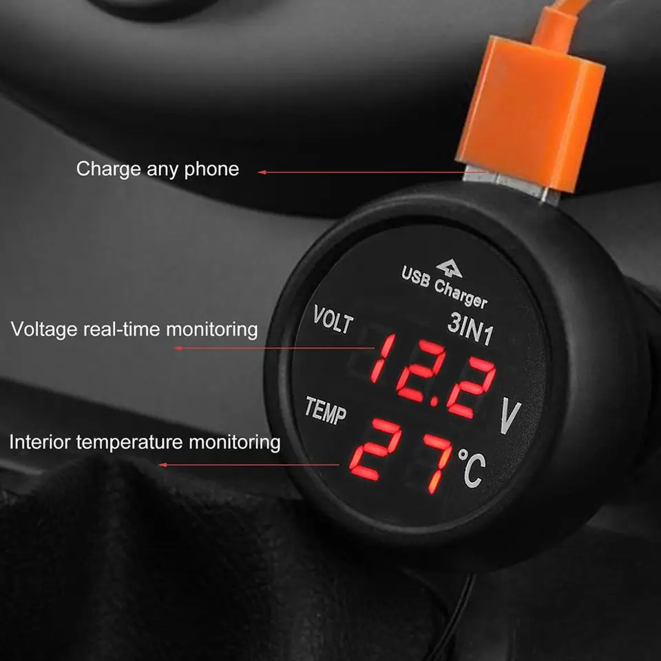 Termómetro LED Digital Para Coche Con Voltímetro, USB Y Medidor De Temperatura