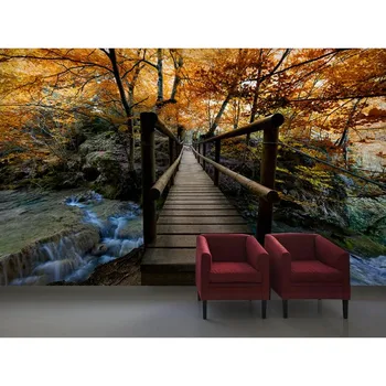 

Wholesales Hot Custom Art Photo Wallpaper Autumn Forest Bridge Wall Decoration Poster Art Removable Wall Mural Wall Stickers