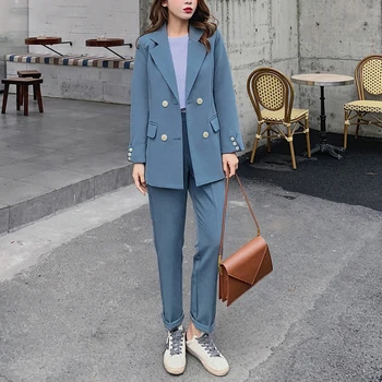 

SHIJIA 2020 Spring Casual Double-breasted Women Blazer Jackets&High Waist Straight Suit Pants 2 Pieces Set Female Pant Suits