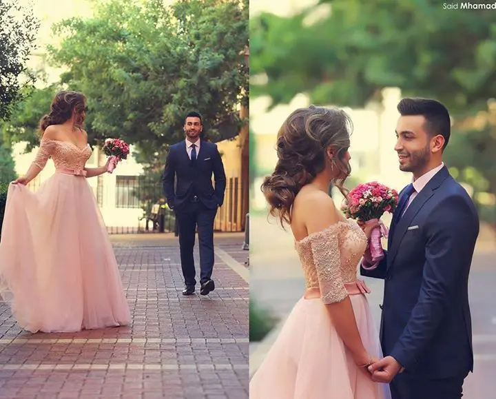 

Charming Sweetheart Off The Shoulder Lace Beaded Elegant Long Pink Prom Dresses 2015 With Half Sleeves Formal Prom Gowns On Sale