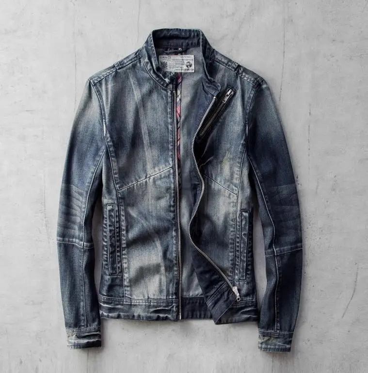Bonjean MEN'S Ретро синяя хлопковая джинсовая мотоциклетная байкерская куртка на молнии с воротником-стойкой - Цвет: Синий