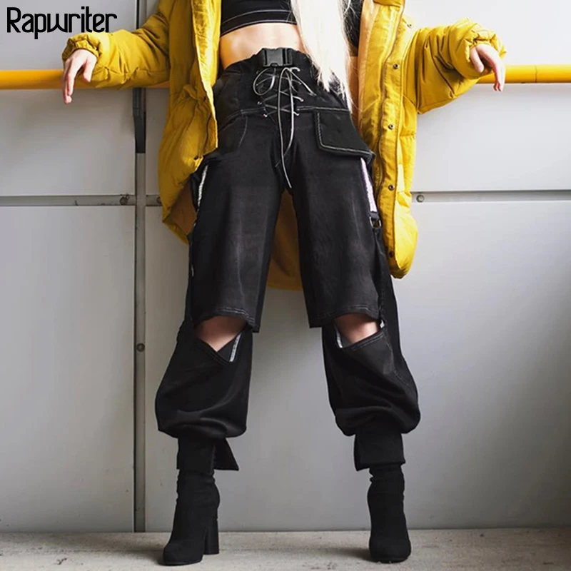

Rapwriter Gothic Black Cargo Pants Women 2020 Hollow Out Lace Up Joggers Trousers Reflective Ribbon Pockets Buckle Pants Femme