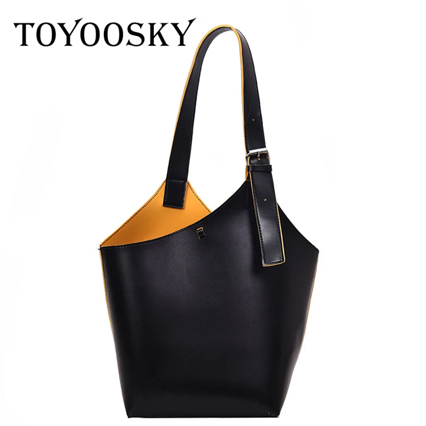 

TOYOOSKY Designer Contrast PU Leather Bucket Bags For Women Summer Lady Shoulder Bag Large Capacity Female Travel Handbags Tote