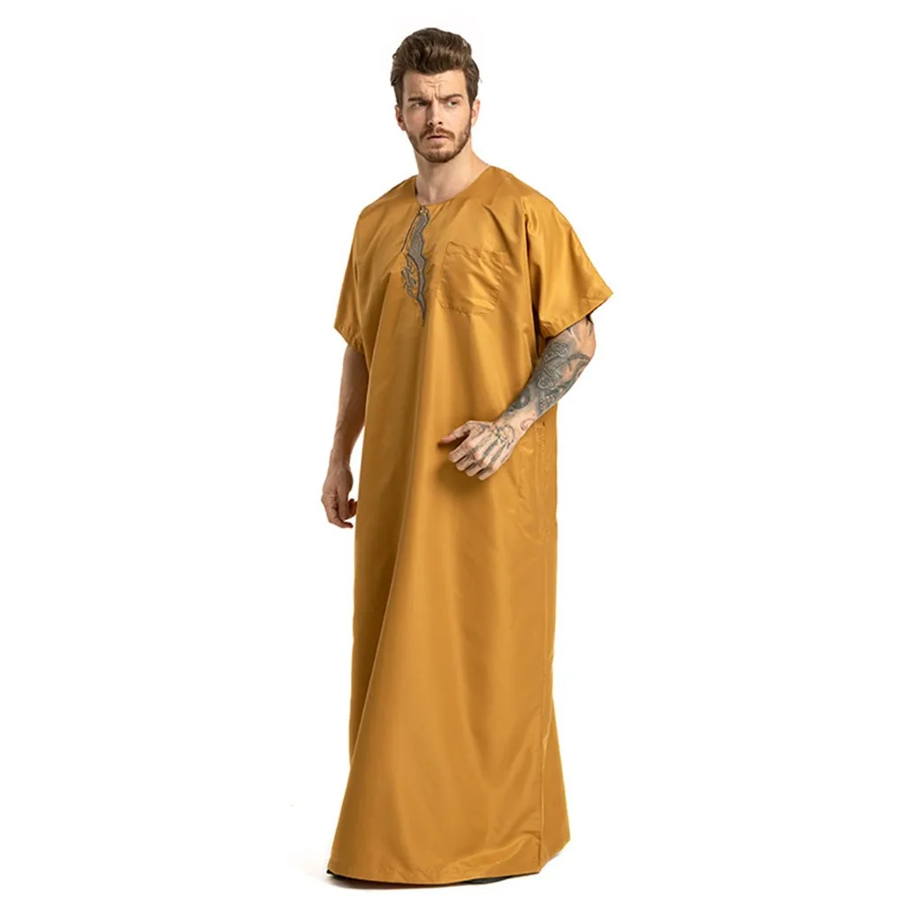 Дом и гнездо Арабский мусульманский одежда мужские этнические платья короткий рукав исламский мусульманский стиль; Ближний Восток Макси платье кафтан Саудовская Аравия для мужчин