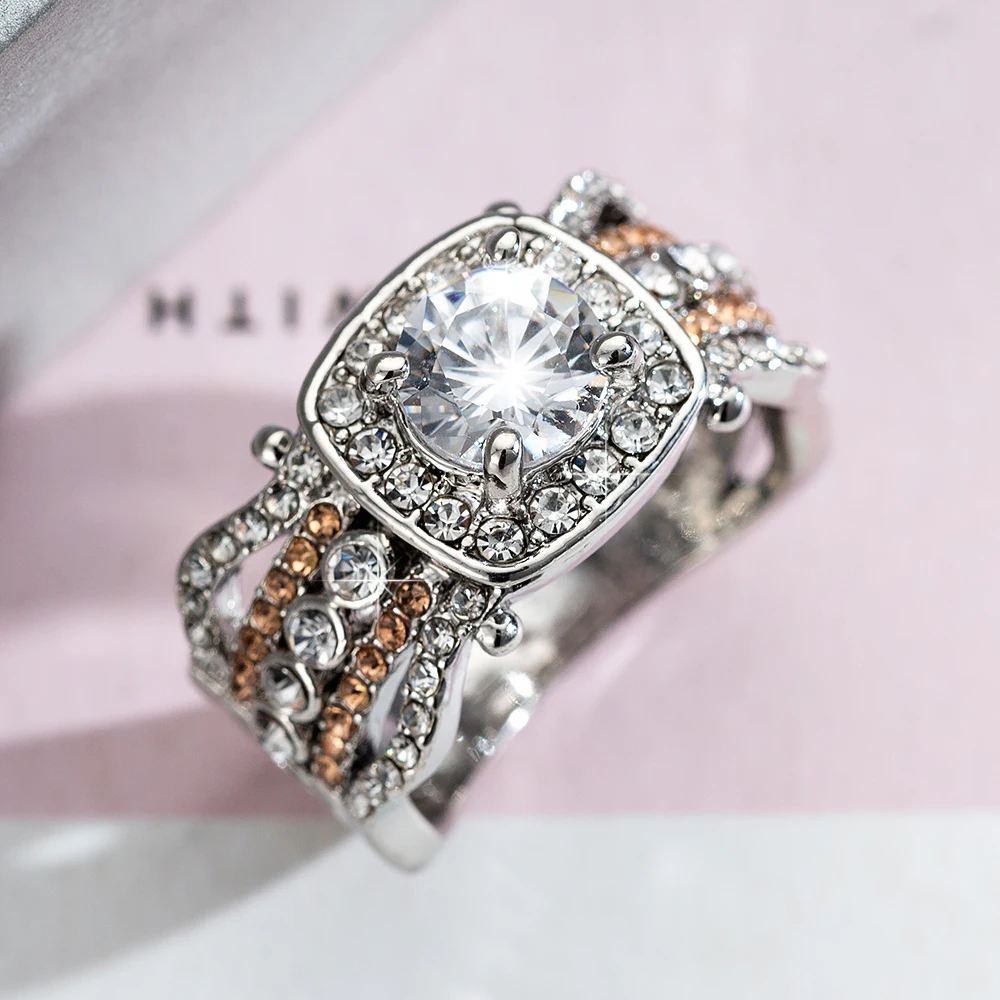 Two-tone Crystal Wedding Rings For Women Elegant Rhinestone Shiny Bridal Ring Jewelry Trendy Ladies Engagement Party | Украшения и