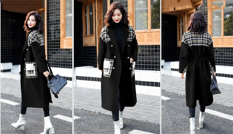 Лоскутное двубортное шерстяное пальто женское клетчатое шерстяное длинное пальто утолщенное корейское модное шерстяное Женское пальто и куртка 589