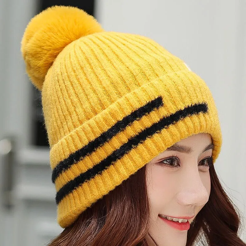 HANGYUNXUANHAO Pom Poms зимняя женская шапка модная однотонная теплая Шапки вязаные шапки бини шапки Кепки брендовый женский головной убор из плотной ткани