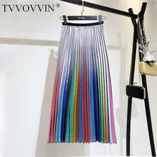TVVOVVIN Весна корейский стиль Высокая талия до середины икры цветная полоска плиссированная Нижняя трендовая женская летняя плиссированная юбка AS961