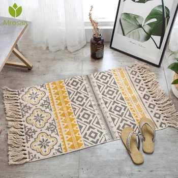 

Retro bohemian hand-woven cotton linen rug bedside rug geometric floor mat living room bedroom home decor