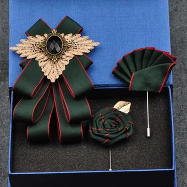 British New Fashion Men's Wedding Performance Groom Wedding-Party Flower Collar Bow Tie Pocket Towel Square Set Men Accessories Green set 2