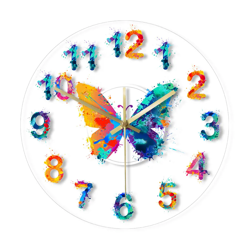 Colorful Butterfly Numbers Quiet Movement Led Acrylic Hanging Clock Giclee Fine Art Luminous Wall Clock Reloj De Pared