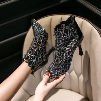 

2020 Sexy Vogue High Heels Sandals Boots Women Summer Heels Pointed toe Rhinestone Mesh Shoes for Female Back Zip Black White