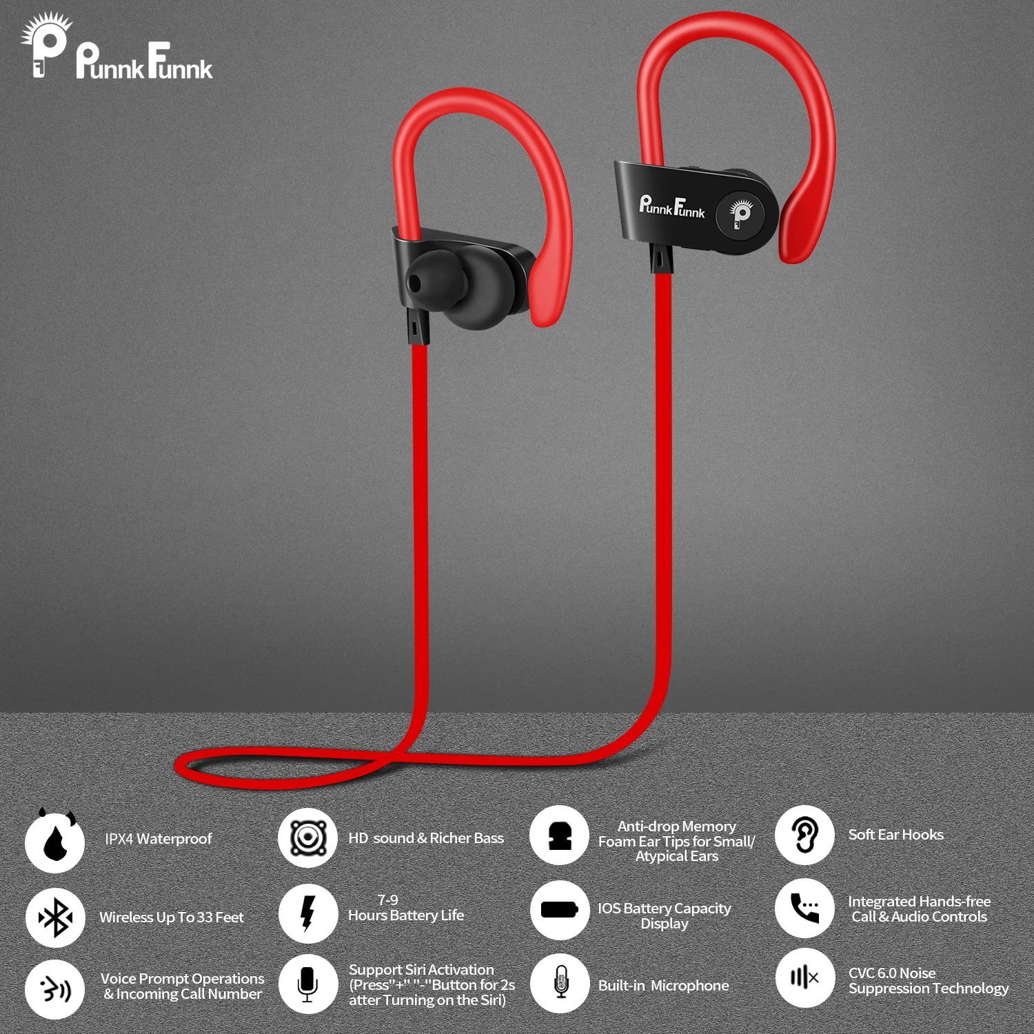 PunnkFunnk Bluetooth Headphones Wireless Earphone bluetooth 5 0 Sport Noise Canceling Deep Stereo earbuds Mic For iphone samsung