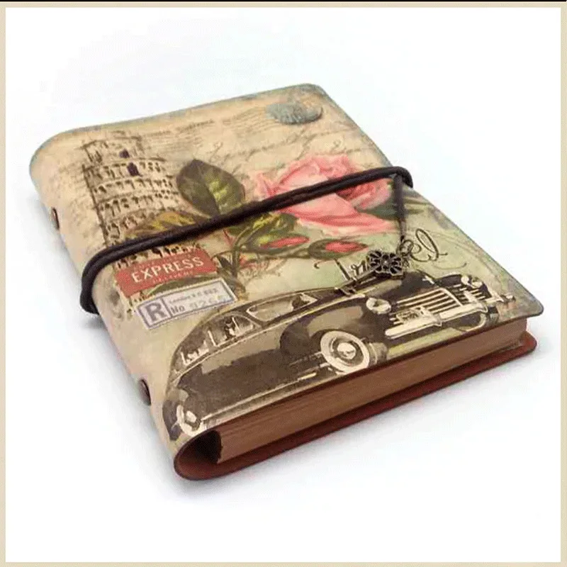 B6 Vintage Creative Loose-leaf Leather Notebook Travelers Small Bullet Journal Planner Agenda Sketchbook Diary Notepad Filofax - Цвет: Flowers and car