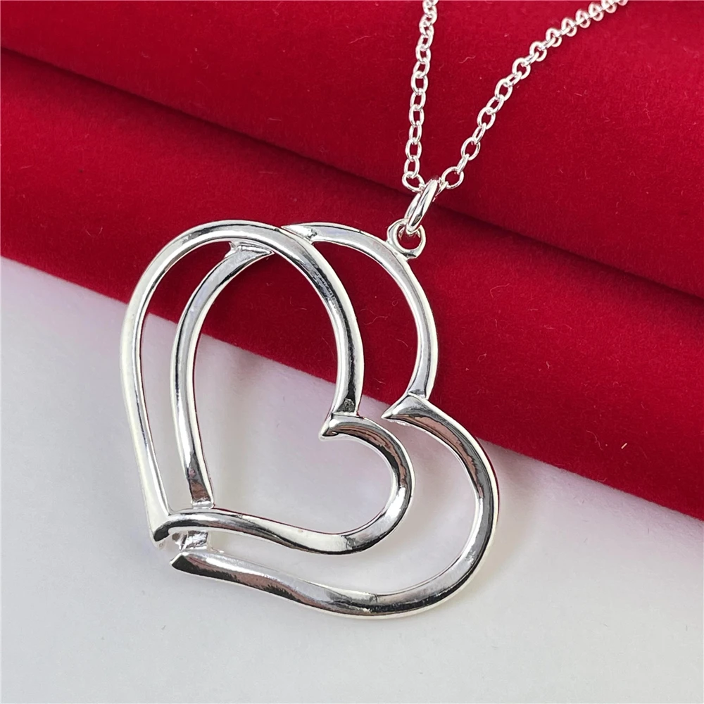 Woman Silver Plated Heart Flower Pendant Necklace Chain Delicate Jewelry 