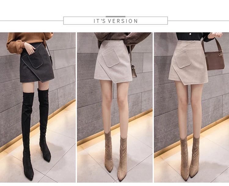 winter woolen mini sexy skirt womans fashion asymmetrical skirts female stripe patchwork pocket elegant black jupe femme