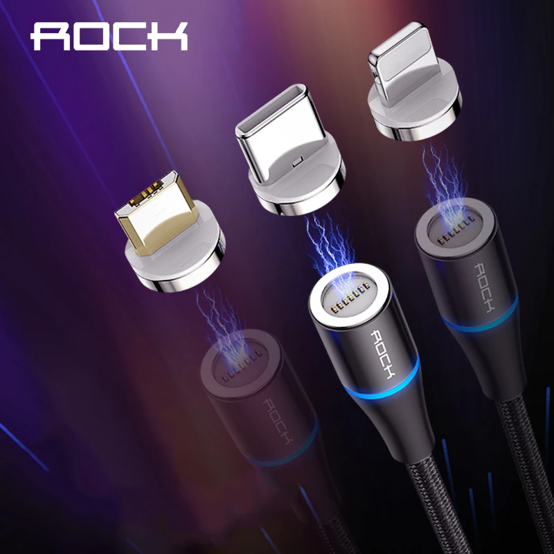 ROCK 3 в 1 Набор Магнитный светодиодный USB кабель для iPhone X Xr Xs Max Xiaomi 9 8 Micro Type C зарядки