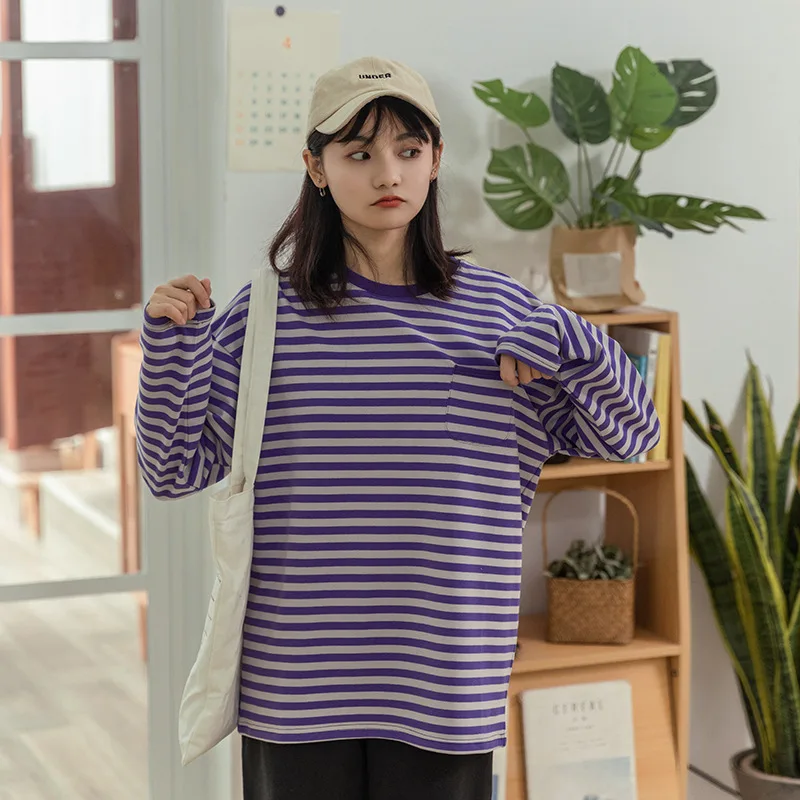 2020 Autumn Striped Women Long Sleeve T-Shirt Cotton Soft Comfortable Loose Japanese Style Base Shirt Summer Plus Size Clothes