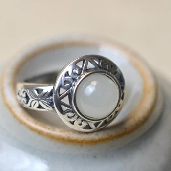 

sNewsilver original female models Chinese retro style natural Hetian jade women opening adjustable ring holiday anniversary gift