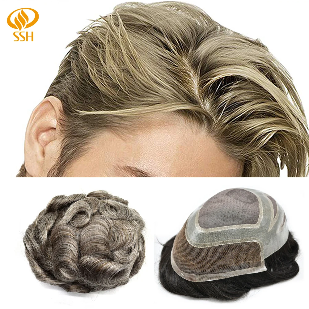 SSH Французский кружево спереди тонкой моно мужские парик искусственная кожа 100% человеческие волосы системы черный # 1B