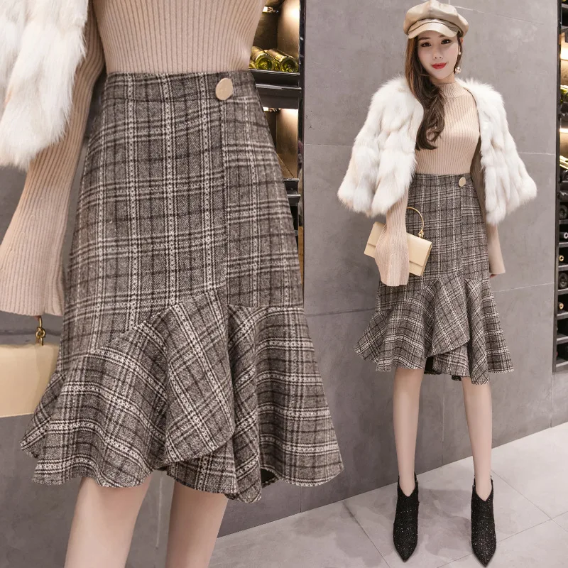 

2019 Autumn And Winter Korean-style Loose-Fit Versatile Plaid Skirt Women's Mid-length High-waisted A- line Fishtail Skirt