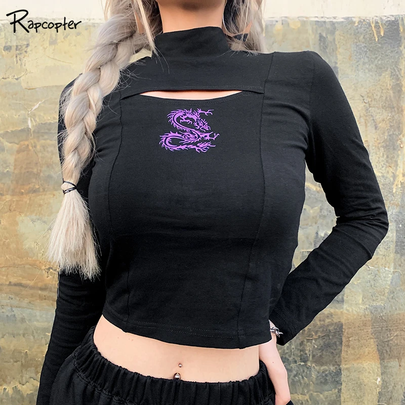 

Rapcopter Hollow Out Women Gethic Fashion T Shirt Long Sleeve Printed Autumn Cropped Tops Slim Harajuku Cotton Ladies Tee Shirts