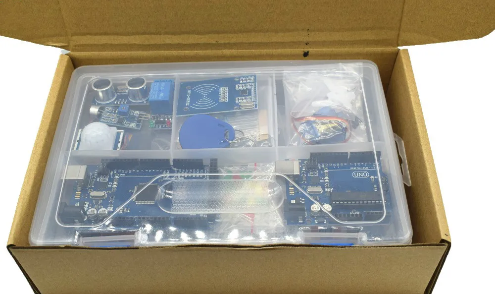 Arduino Kit Starter UNO r3 with MEGA 2560/UNO R3 /Lcd1602 I2C /Hc-sr04/HC-SR501/RC522/SG90/ Dupont cable in box | Электронные