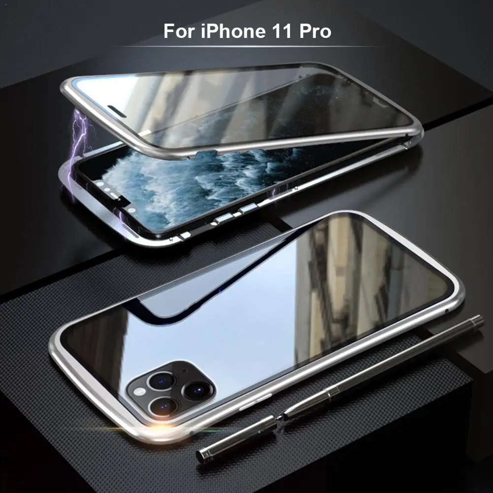 Магнитный адсорбционный Чехол для мобильного телефона IPhone 11 Pro Max металлическая рамка двойное закаленное стекло покрытие магнитное притяжение