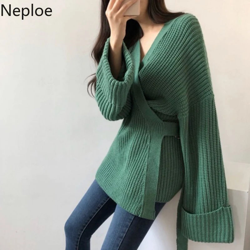 Neploe, шикарный, средней длины, свободный, Сумасшедший стиль, Sueter Mujer Inverno, v-образный вырез, тонкая талия, на шнуровке, однотонный, вязаный свитер, однотонный, для женщин, 47628