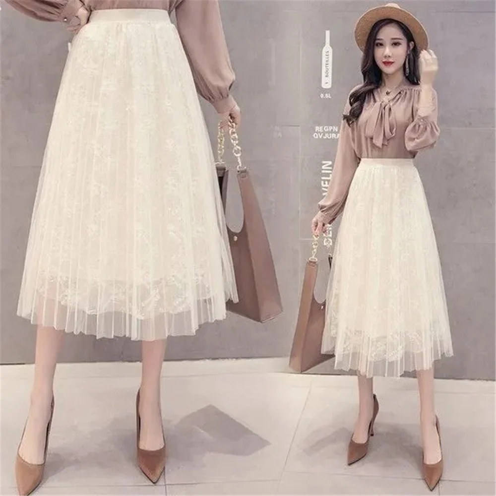 Lace Mesh Elastic High Waist Fairycore Women Midi Skirts Pleated Stitching Lined Elegant Skirts Korean Wild Aesthetic Mom Saia black leather skirt