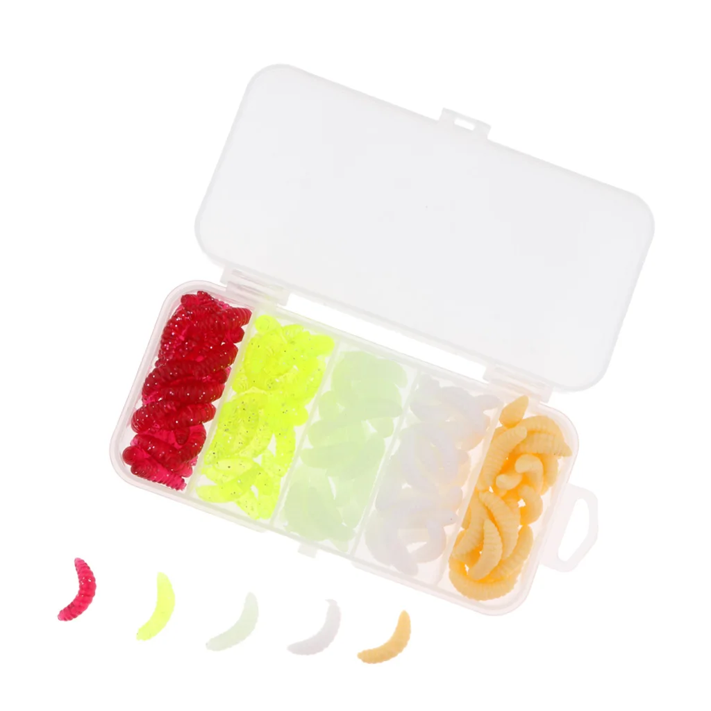 125Pcs Fake Maggot Fishing Soft Plastic Lures Set for Carp Bass-4 Colors