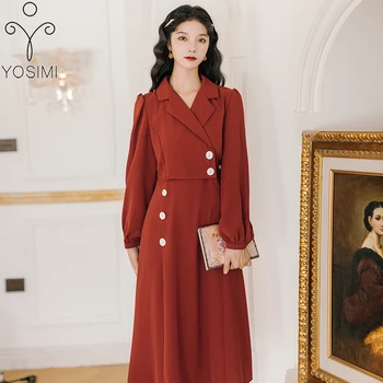 

YOSIMI 2020 Autumn Vintage Long Women Dress Black Vestidos Turn-down Collar Puff Sleeve Straight Mid-calf Long Sleeve Dresses