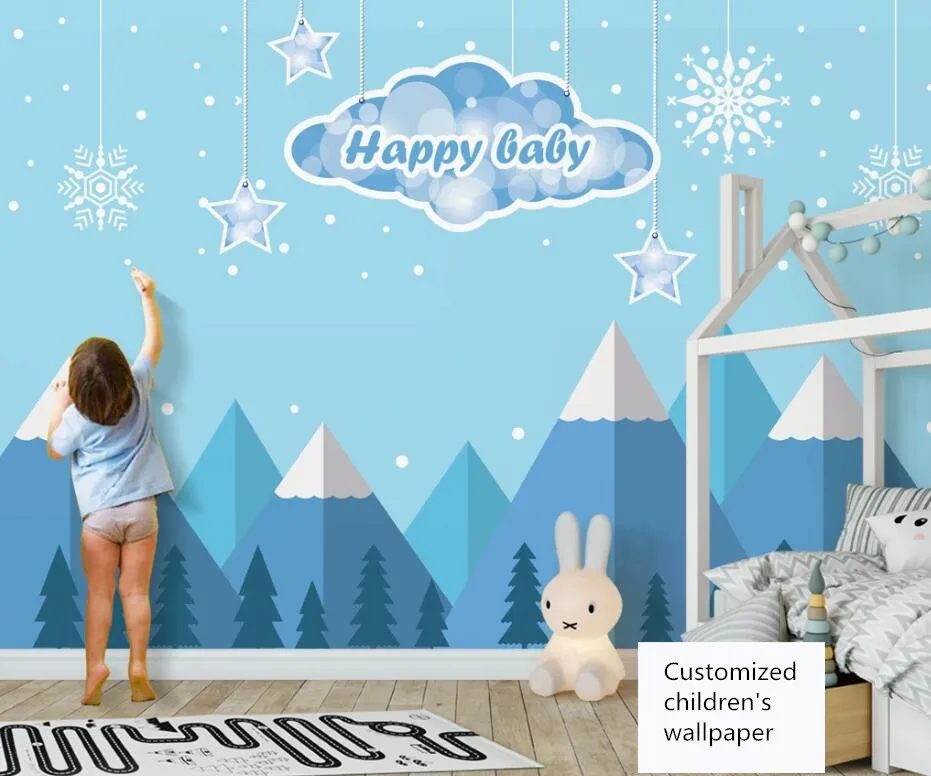 Childrens room background wallpaper Customized modern Nordic hand painted pink clouds starry sky 13 QQ截图20200513231500