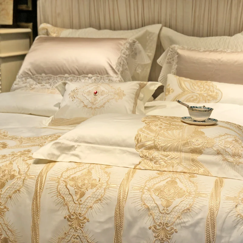 Широкий золотой кружевной пододеяльник/набор из стеганого одеяла и покрывала Розовый Белый Премиум постельное белье из египетского хлопка набор роскошного королевского размера простыня набор