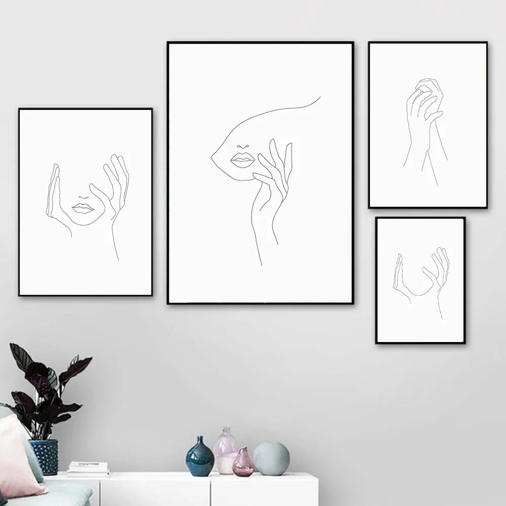 

Face on Hand Line Draw Poster and Prints Nordic Style Sketch Painting on The Wall for Living Room Metal Frame