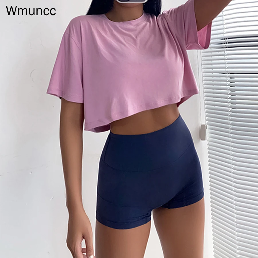 Wmuncc 2022 New Women Loose Crop Top Modal Sexy Short Sleeve T-Shirt Fitness Workout Activewear Quick Dry Breathable Blouse