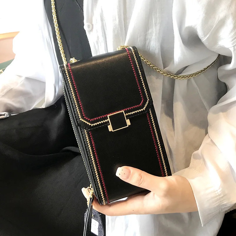 Женская сумка-мессенджер из натуральной кожи, Женский кошелек для мобильного телефона, Сумочка через плечо, сумка для карт, женская сумка с клапаном, простая сумочка - Цвет: Black