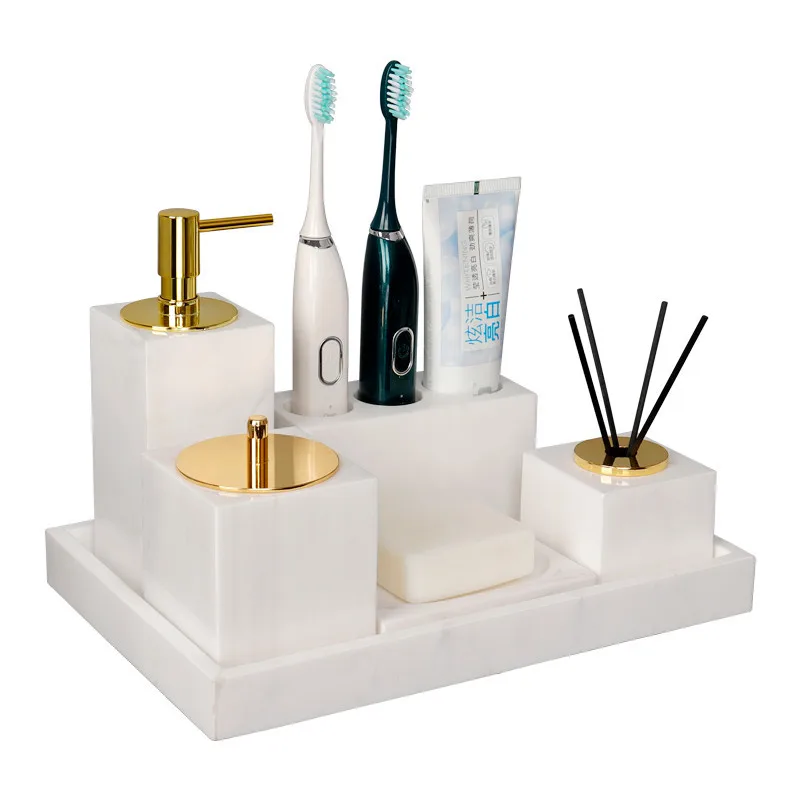 Bathroom Accessories Marble Soap Dispensers/Dish Toothbrush Holder Gargle Cups Tray Wedding Gifts Gold Head White By Piece