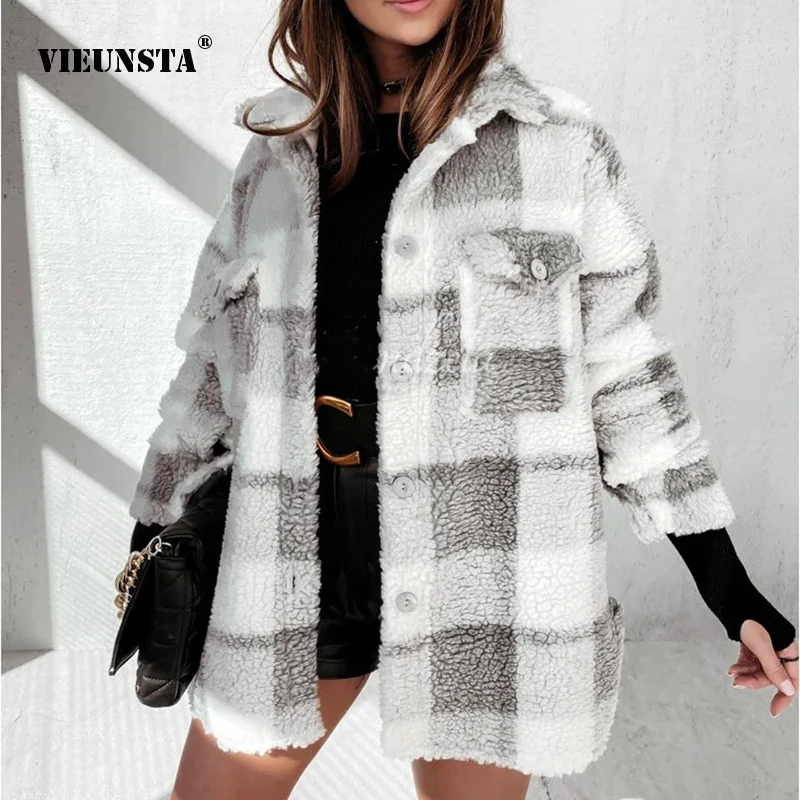 

Lambswool Coat 2021 Winter Suit Collar Long Sleeve Furry Women's Coat Single-Breasted Double Pocket Lattice Keep Warm Hairy Coat